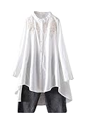 FTCayanz Damen Leinen Bluse Shirt Langarm Stickerei Hemd Elegant Langarmshirt Lang Tunika Tops Weiß L