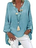 Leinenbluse Damen Bluse Damen Sommer Tunika V-Ausschnitt Große Größen Blusenshirt Damen Langarmshirt Leinen Baumwolle Hemd Oberteile Druck Shirt (A Blau, 3XL)